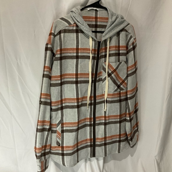 Staccato Womens Fall Plaid Hooded Shacket Size Large Gray Orange Black NWOT - Picture 4 of 13